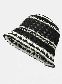 Japanese Style Foldable Breathable Bucket Hat, Handmade Patchwork Design, Summer, Versatile, Round Top, Hollow-Out Decor, Polyester Material - A - View 6