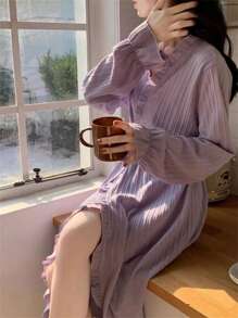 1pc Women Sweet Tie Collar Solid Color Long Robe Nightgown, Spring/Autumn Summer Wedding Home Bathroom Decor Back To School - Multicolor - View 3