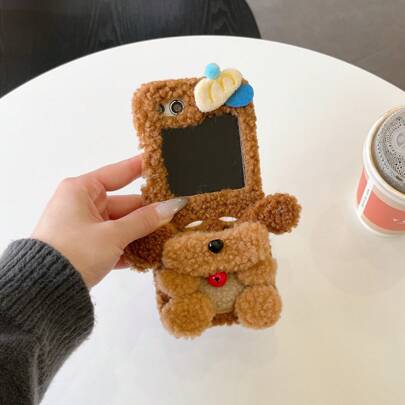 Autumn/Winter Plush Cute Teddy Dog Foldable Phone Case With Chain, Suitable For Samsung Galaxy Z Flip3 5G/Galaxy Z Flip 4 5G/Galaxy Z Flip 5 5G/Galaxy Z Flip 6 5G/Galaxy Z Flip 7 5G, For Women