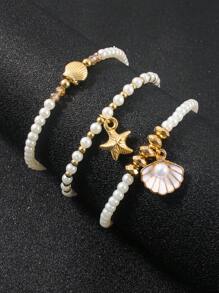 3 Stücke/Set legerer Sommer-Perlen-Armband-Set für Frauen, mit Muschelund Seestern-Elementen, geeignet für den Alltag oder zum Urlaubstragen, Feriengeschenk