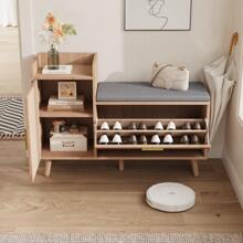 Shoe Storage Bench - Shoe Cabinet - Rattan Front - Chipboard - Metal Surfaces - Fabric Cushions - Folding Door - Dressing Room Entrance - L100 X D30 X H69 Cm - 卡其色 - 查看 12