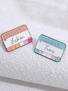 1pc Creative Colorful Geometric Letter Shaped Metal Brooch Pin, Cartoon Dopamine Colored English Short Phrase Badge Lapel Pin - Multicolor - View 3