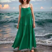 SANOPY Dresses For Women,Summer Dresses,Vacation Dresses For Women,Womens Spaghetti Strap Long Dress Loose Style Sleeveless Layel Wide Hem Beach Casual Dress - 綠色 - 查看 1