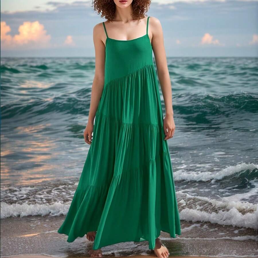 SANOPY Dresses For Women,Summer Dresses,Vacation Dresses For Women,Womens Spaghetti Strap Long Dress Loose Style Sleeveless Layel Wide Hem Beach Casual Dress - 綠色 - 查看 1