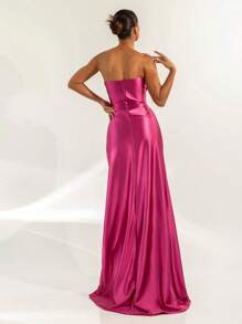 LONG PARTY DRESS WEDDING LAUNCH GODMOTHER FASHIONISTA STRAPLES WITH SLIT - Hot Pink - View 2