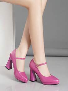 Women's Chunky Heel Platform Pumps With Ankle Strap , Available In Pink, Apricot, Nude, Burgundy, Black, White, Red, Silver, Gold, Brown, Fashionable Patent Leather Shoes