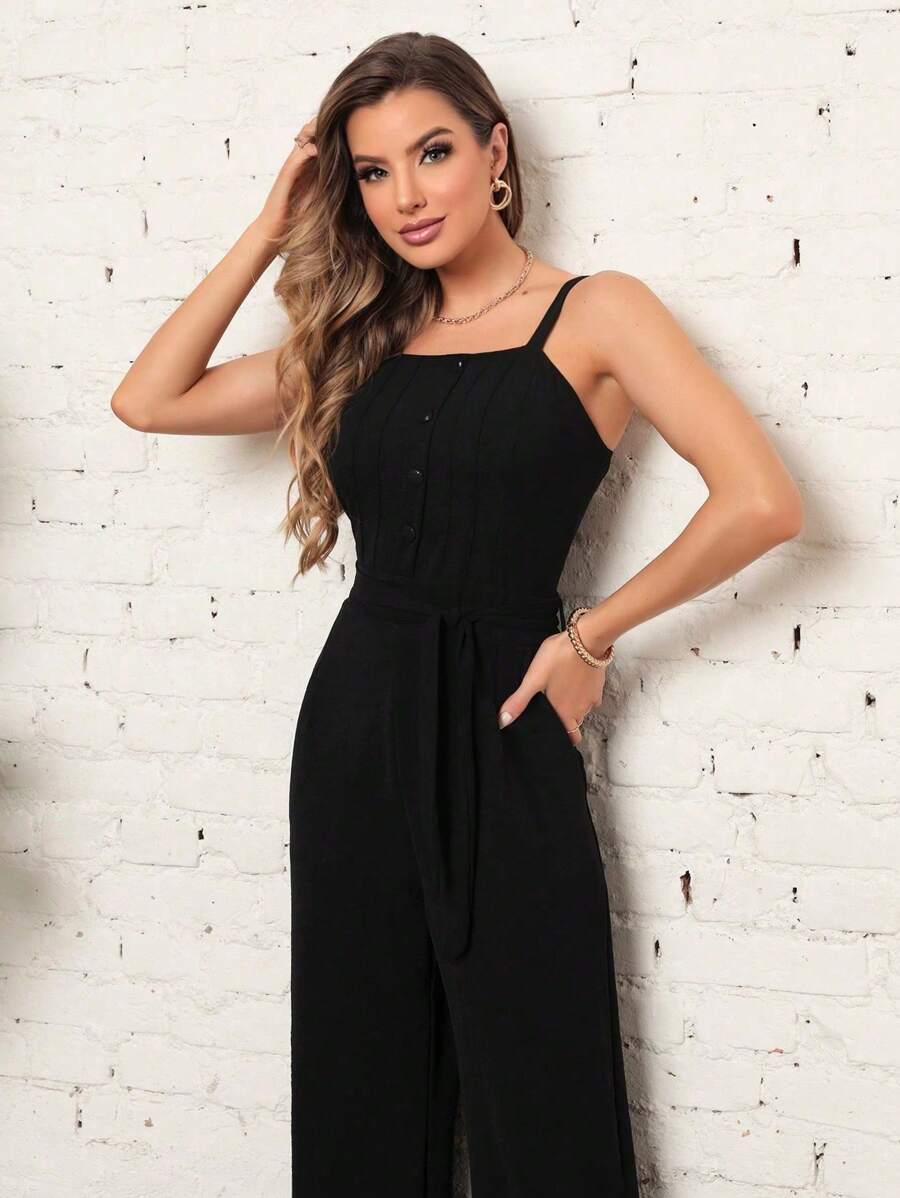 Women's Long Jumpsuit With Front Buttons, Dune Fabric And Detail For Tie At The Waist With Zipper At The Back - màu đen - Xem 1
