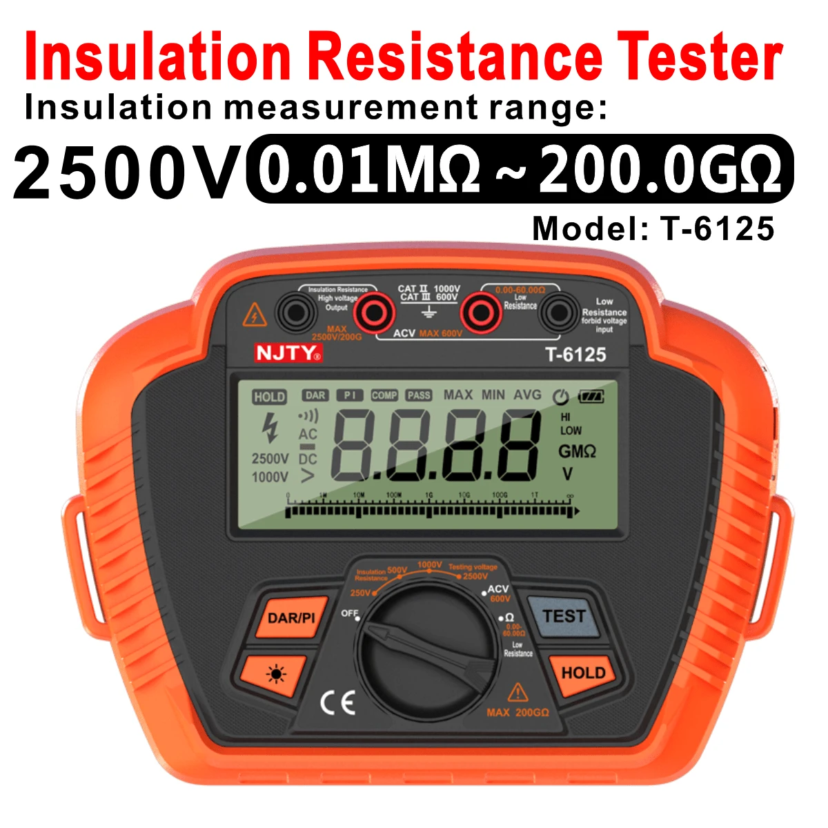 1 Piece NJTY Insulation Resistance Tester, Professional Digital Megohm Meter 1000V/2500V Resistance Tester, Max 20GΩ/200GΩ, Analog Bar, Measures Low Resistance Min 0.00-60Ω, High Voltage Tester, DAR/PI, Absorption Ratio/Polarization Index, Portable Power Tool, With Carrying Case And Backlit LCD Display Probe - Orange - View 1