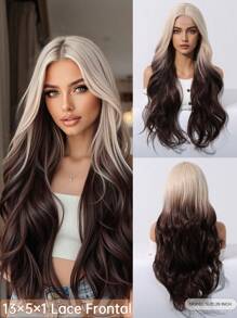 26 Inch Graded Brown Medium Length Curly Forehead 4*1 Small Lace Synthetic Heat Resistant Fiber Wig For Ladies Daily Party Christmas Use