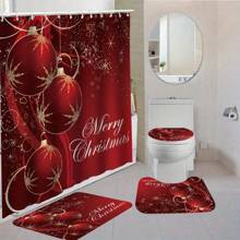 1pc/4pcs Christmas Festive Red Lanterns Shower Curtain Gift Modern Home Bathroom Decoration Curtain And Toilet Floor Mat 3-Piece Set With 12 Shower Curtain Hooks Fall Decor Bathroom Accessories Back To School