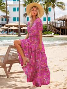 SANOPY Dresses For Women,Summer Dresses,Vacation Dresses For Women,Women's Ditsy Floral Long Maxi Dress, Crew Neck Lantern Short Sleeves Layer Ruffle Hem A-Line Dress - Màu Hoa hồng đỏ - Xem 2