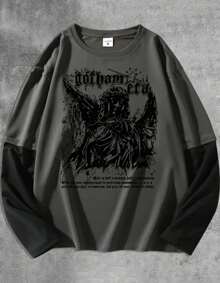 Long Sleeve T-Shirt, Lead Color, Model: "Gotham Era Statue" - Modern Tumblr Style 2025 - Màu xám đen - Xem 1