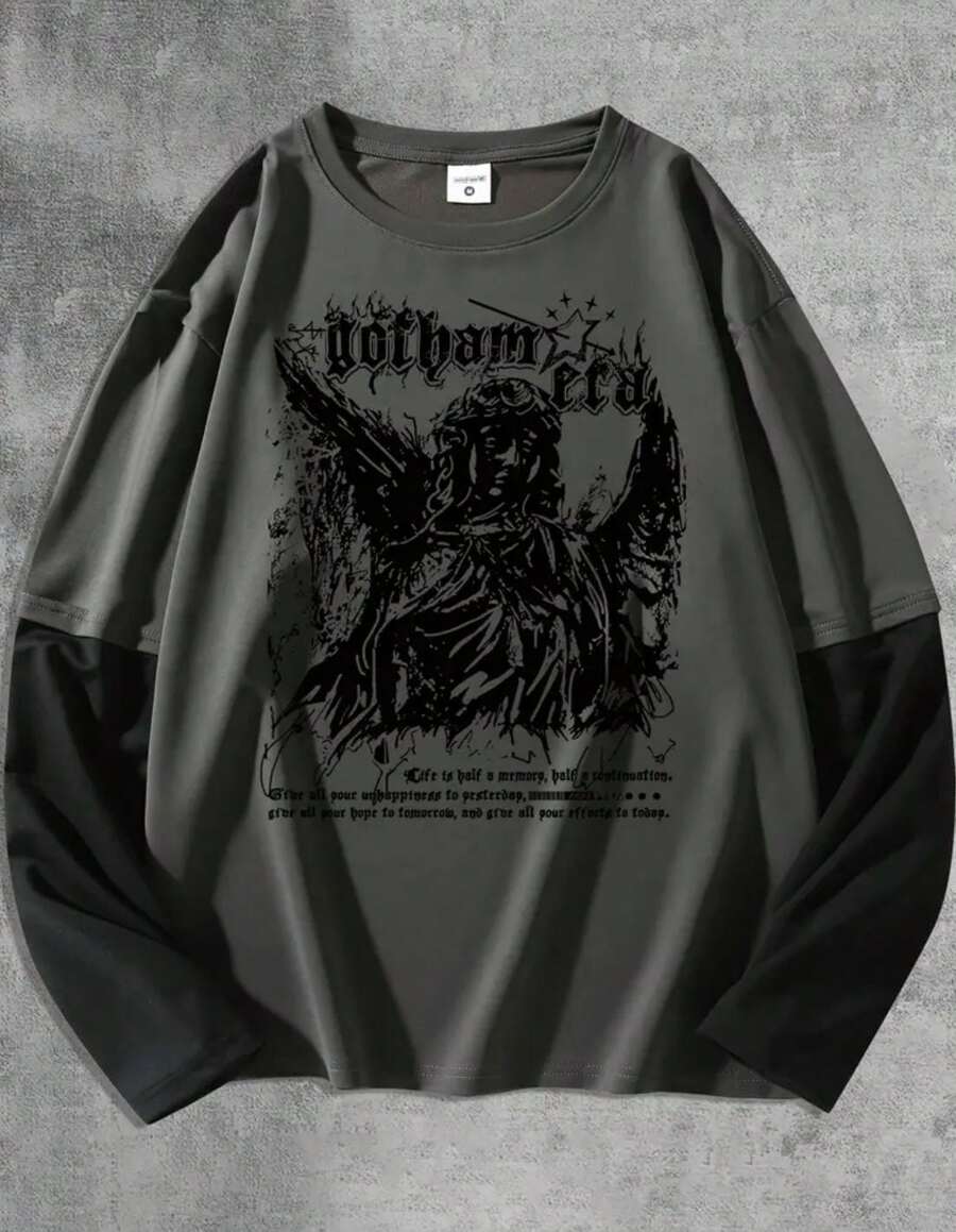 Long Sleeve T-Shirt, Lead Color, Model: "Gotham Era Statue" - Modern Tumblr Style 2025 - Màu xám đen - Xem 1