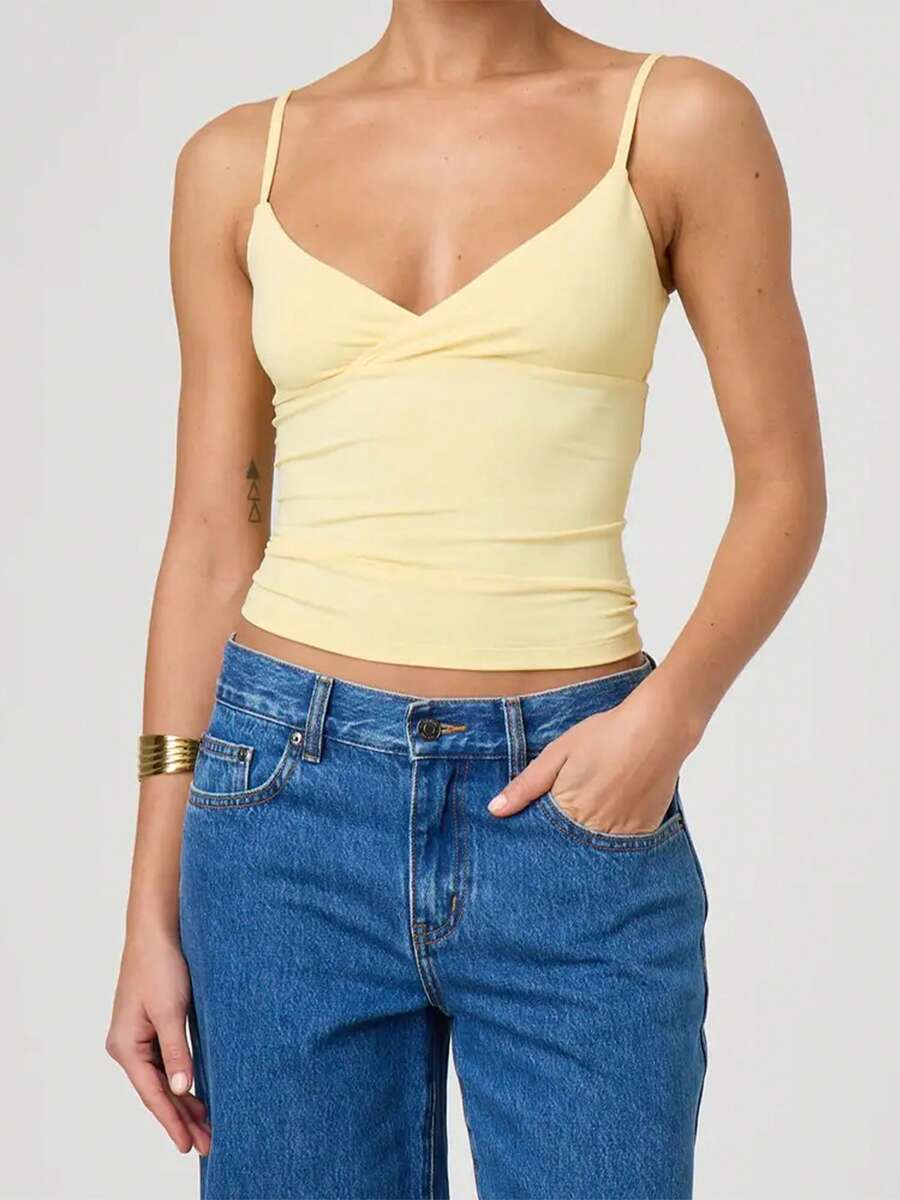 Women's Summer Cropped Cami Tops Sleeveless Open Back V Neck Solid Color /Printing Tank Tops For Daily - Yellow - View 1