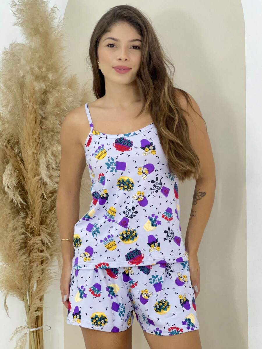 Baby Doll Women's Pajama Set Basic Strappy Suede Print Comfortable - Dusty Purple - View 1