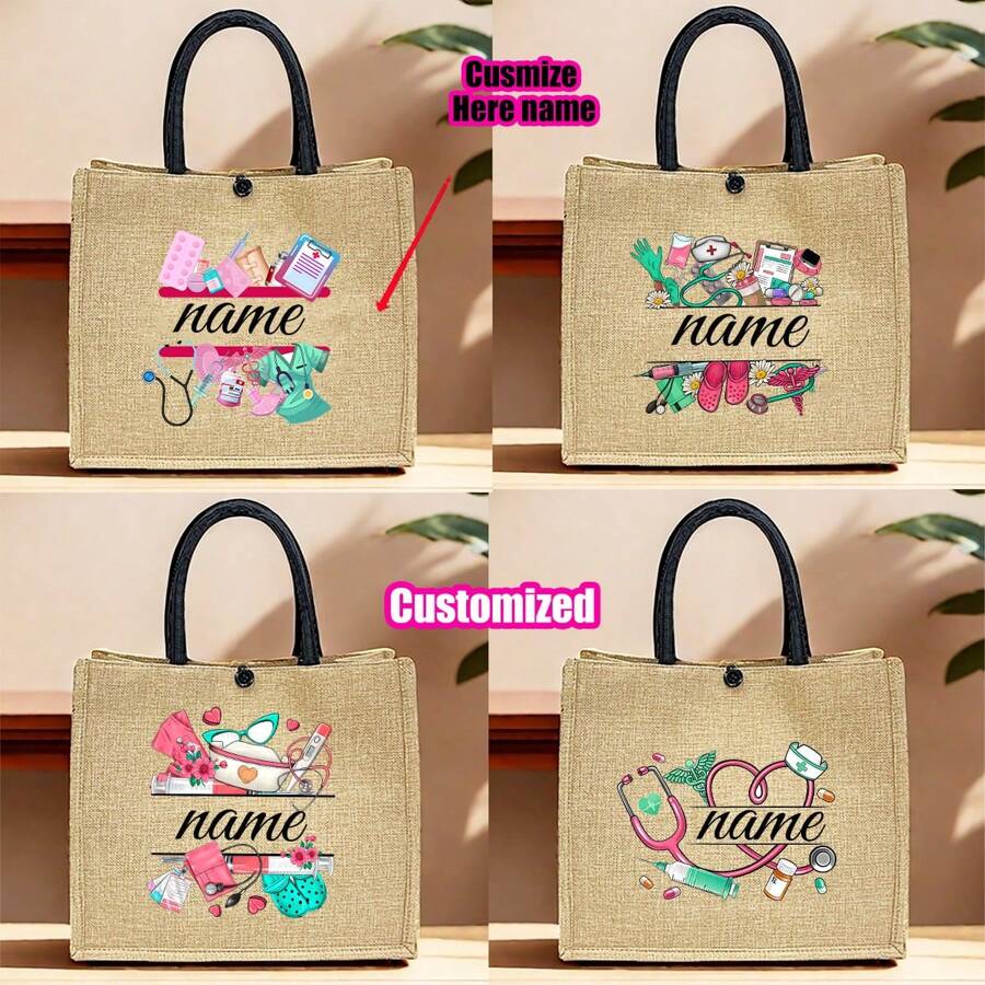 Personalized Nurse Handbag With Name | 2025 Nurse Week Souvenir And Bridesmaid Gift - Premium Linen Beach Bag, Large Capacity Reusable Storage Handbag For Summer Travel