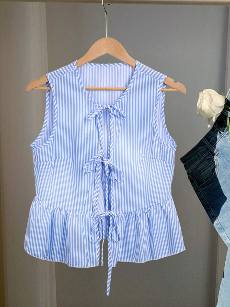 Top blusa acampanada a rayas informal simple corto con lazo en la parte delantera - Azul - Ver 1
