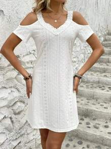 Women's Sexy V-Neck Dresses,Summer Lace Off Shoulder Slim Short Sleeve Dress - Blanco - Ver 4