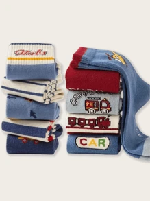 10 Pairs Of Children's Car Train Letter Stripe Pattern Soft And Comfortable Children's Fun Style Boys Socks, Suitable For Daily Leisure, Family Gatherings, Parent-Child Activities - Multicolor - View 4