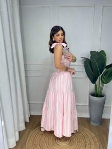 Long Striped Colorful Tricoline Strap Dress - 淺粉色 - 查看 2