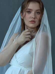 1 层白色缎边新娘头纱，简约婚礼头纱配饰，适合婚礼和派对的新娘头饰 - V21 - 查看 4