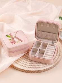 1pc Caixa de joias rosa com flores rosas, caixa de joias de viagem da moda com letras de ouro rosa, caixa de joias de viagem de presente personalizada, presentes de aniversário para mulheres, presentes de Natal para meninas adolescentes, iniciais, caixa de joias de viagem A-Z