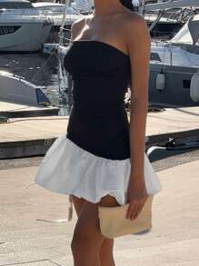 Robe mini asymétrique à volants et sans bretelles pour femmes, automne WOWDARK - Noir - Voir 3