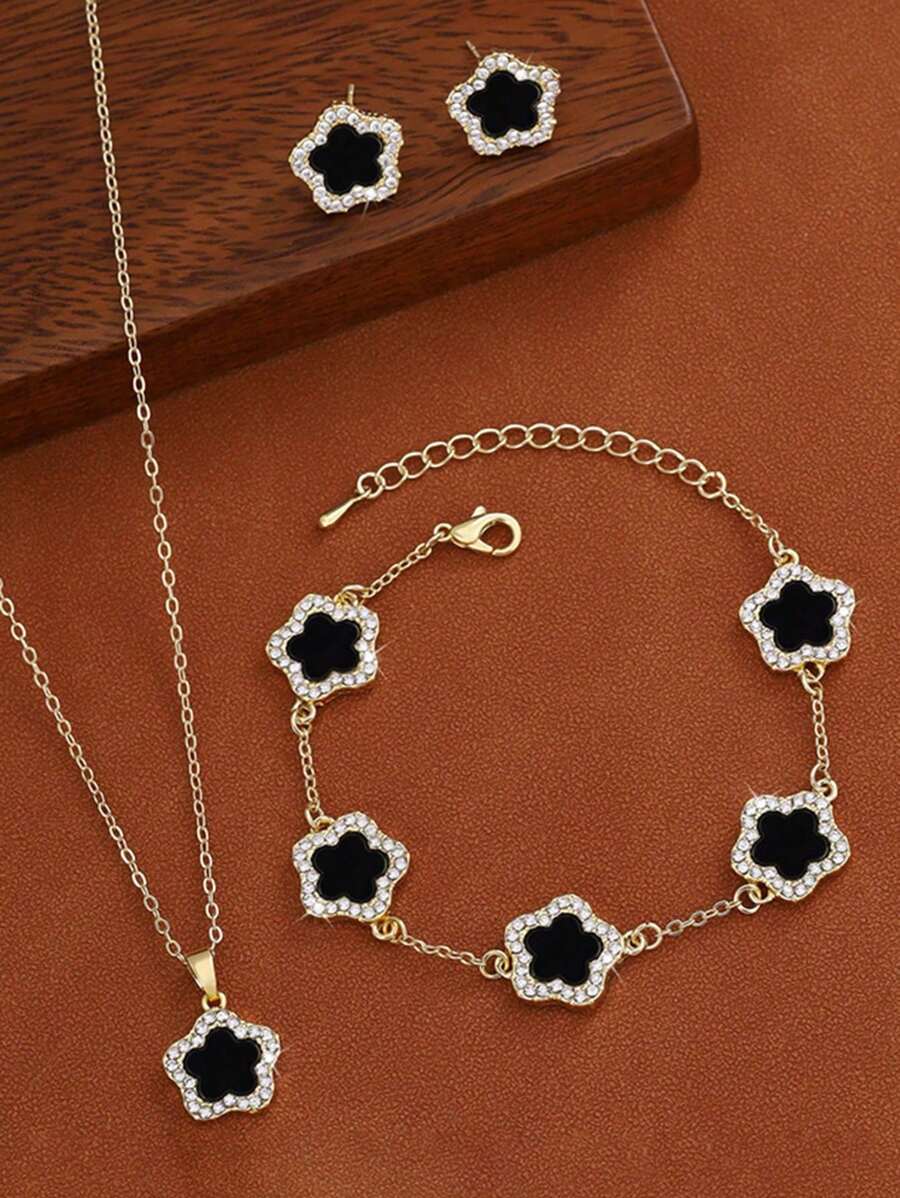 Winglove 4pcs/Set Style Five-Leaf Flower Earrings Necklace Bracelet Jewelry Set - Fashion Lucky Flower Jewelry Set Suitable For Daily Wear Christmas New Year Valentine's Day Holiday Gift - Yellow Gold - View 1