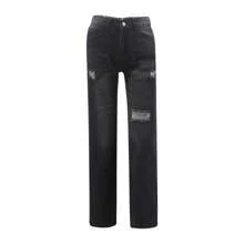 Women Ripped Denim Washed Jeans Multi-Pockets High Rise Straight Leg Full Length Pull-On Trousers - Black - View 6