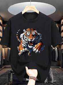 Fierce Tiger Printed T-Shirt, Comfortable And Versatile Summer Top, Ideal Choice For Outdoor Activities And Daily Fashion - Black - View 1