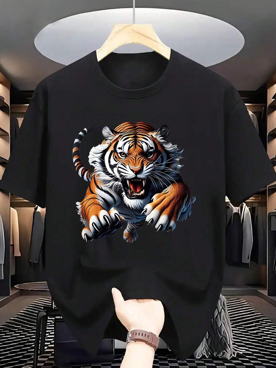 Fierce Tiger Printed T-Shirt, Comfortable And Versatile Summer Top, Ideal Choice For Outdoor Activities And Daily Fashion - Black - View 1
