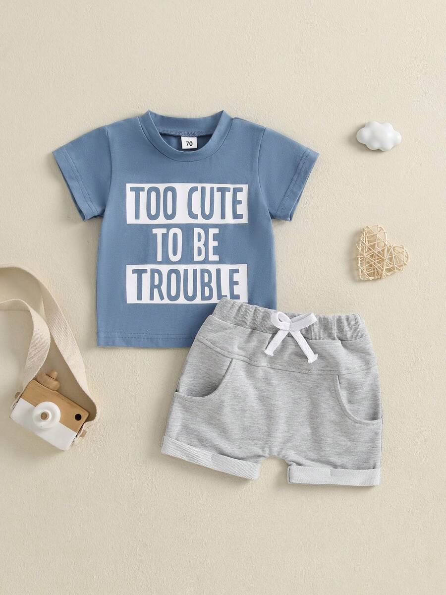 Boys Summer Shorts Sets Short Sleeve O Neck Letter Print Tops And Solid Color Shorts Sets - Blue - View 1