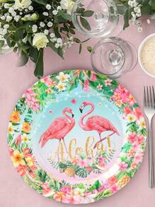 1系列夏季夏威夷风格派对一次性餐具，火烈鸟棕榈菠萝热带植物纸盘，纸杯，餐巾，生日派对套装，夏威夷主题派对生日装饰用品，婴儿派对氛围道具，节日用品，家居装饰，厨房餐桌装饰，快乐夏天，派对用品 - 夏威夷火烈鳥 - 查看 3