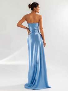 LONG PARTY DRESS WEDDING LAUNCH GODMOTHER FASHIONISTA STRAPLES WITH SLIT - Baby Blue - View 2