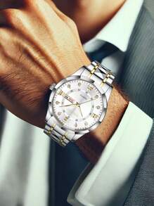1 件男士商务休闲石英手表，带铆钉钢表带 - 白色 - 查看 7