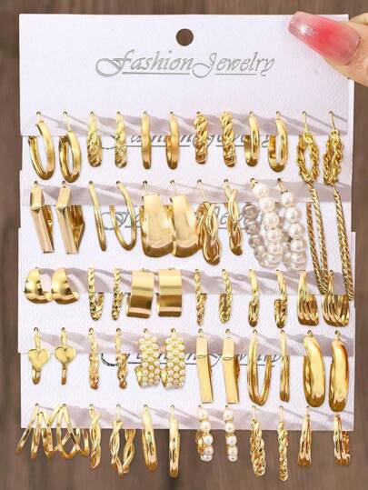 60-12pcs Elegant Pearl Stud Earrings Set For Women, Heart & Square Shaped, Suitable For Daily Wear, Commute, Party, Gift