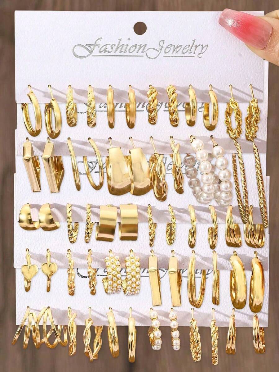 Bộ trang sức nữ phong cách tối giản 60-12 chiếc, Hoa tai ngọc trai giả hình trái tim và hình vuông, Thích hợp cho cuộc sống hàng ngày, đi làm, tiệc tùng, quà tặng lễ hội