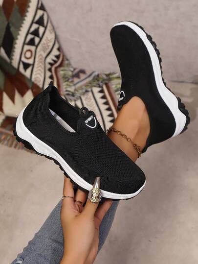 1 Paar sportliche lässige Slip-On Schuhe für Damen, schwarze leichte Stoff Wanderschuhe für Outdoor und Alltag