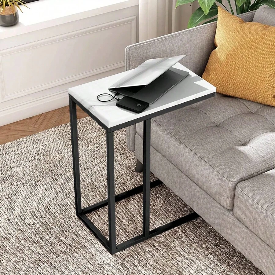 C Shaped Sofa Side Table Coffee Snack Table Living Room Bedside Under Sofa Metal Frame 30*40*60cm - White - View 1