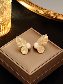 1 Pair Gold-Tone Butterfly Stud Earrings Inlaid With Natural Turquoise, White Turquoise And Malachite, Elegant And Versatile Earrings Suitable For Evening Parties And Everyday Wear, Symbolizing Hope And Good Wishes As A Fashion Accessory For Women