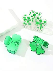 1 件纯色休闲可爱 PVC 圣帕特里克节三叶草发夹，中号，清新绿色，适合日常佩戴，四季皆宜 - 彩色 - 查看 4
