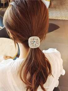 闪亮水钻发带，优雅方形几何镶钻发带，甜美高弹力橡皮筋头饰 - 無色 - 查看 1
