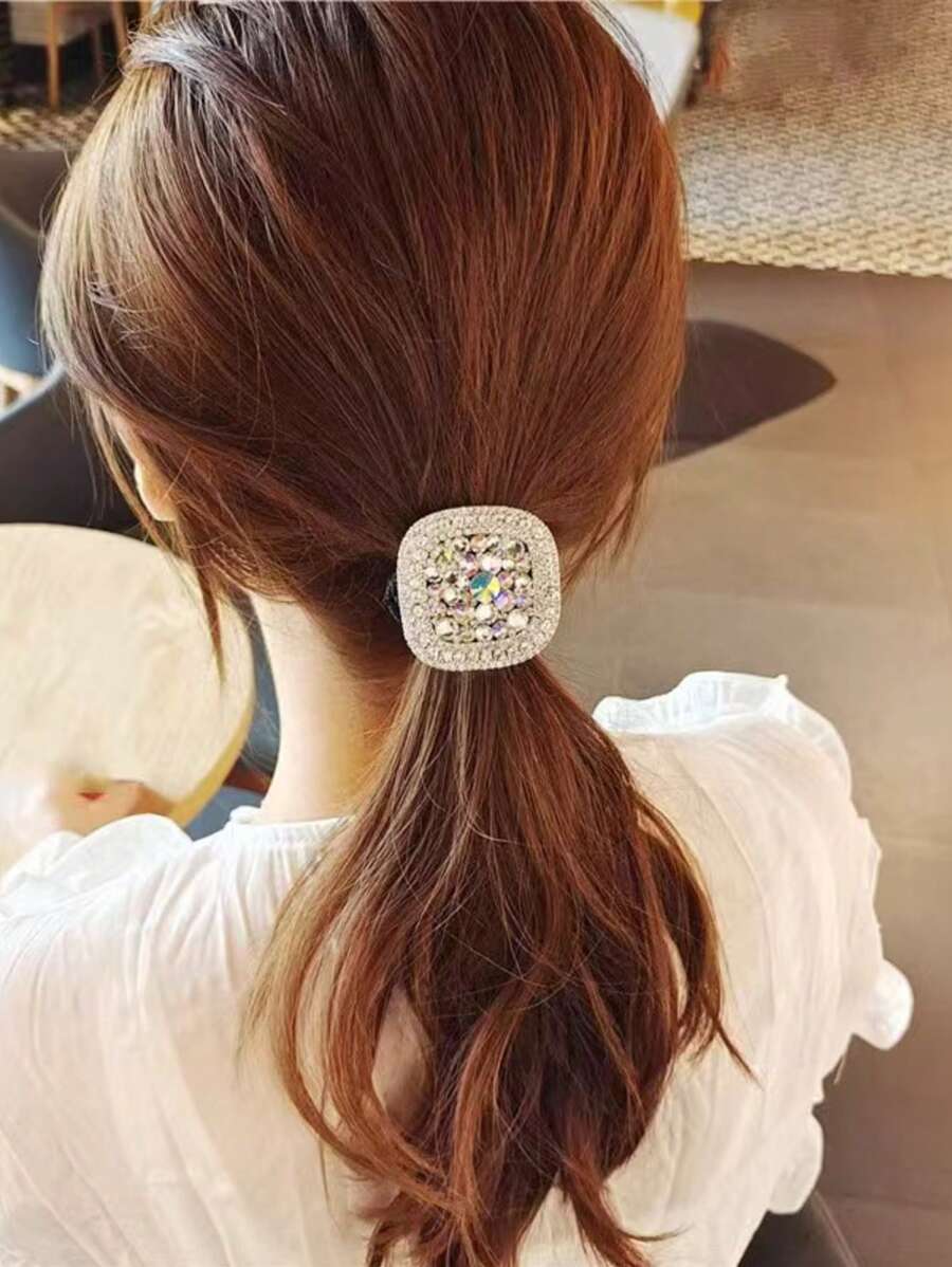 闪亮水钻发带，优雅方形几何镶钻发带，甜美高弹力橡皮筋头饰 - 無色 - 查看 1