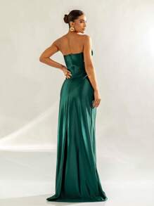 LONG PARTY DRESS WEDDING LAUNCH GODMOTHER FASHIONISTA STRAPLES WITH SLIT - Dark Green - View 2
