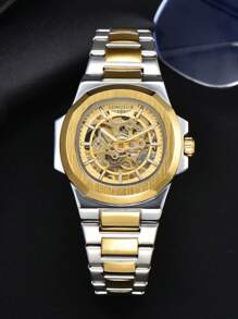 LONGLUX 1pc Hollow Automatic Mechanical Men's Watch, Stainless Steel Strap, Business Watch - Multicolor - View 2