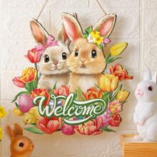 Easter Wreaths For Front Door Bunny Welcome Wood Sign Door Hanger Spring Decorations Easter Hanging Plaque Rabbit Sign Decorations For Home Shop Garden