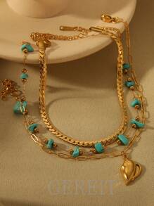 GEREIT Set de 3 piezas de colgante y tobillera con estilo bohemio, enchapado en oro de 18K, con turquesa y conchas marinas en capas, adecuado para uso diario y vacacional de mujeres - concha - Ver 1
