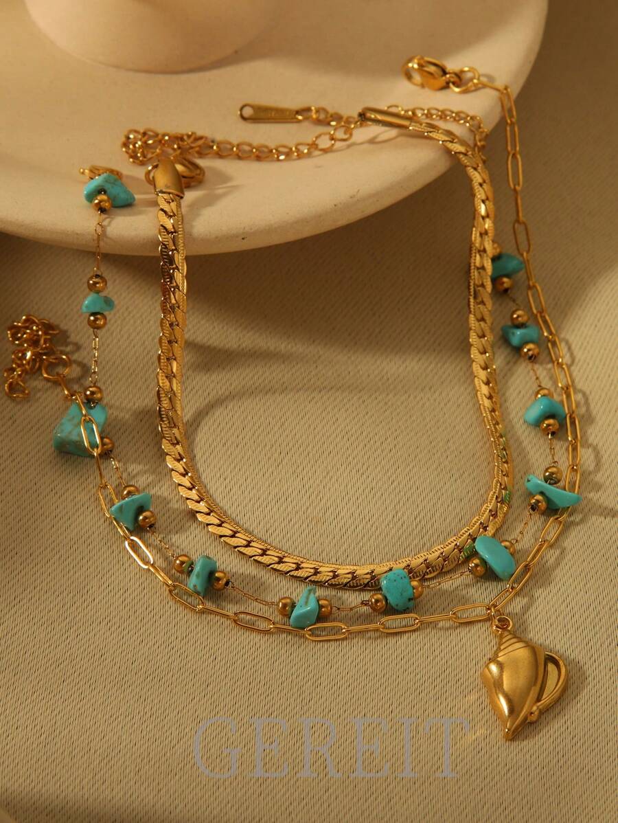 GEREIT Set de 3 piezas de colgante y tobillera con estilo bohemio, enchapado en oro de 18K, con turquesa y conchas marinas en capas, adecuado para uso diario y vacacional de mujeres - concha - Ver 1