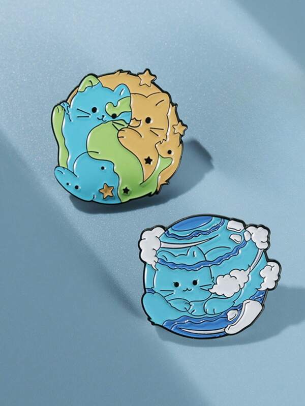 1pc Cute Cartoon Cat Planet Series Metal Brooch, Unique & Delicate Alloy Lapel Pin Clothing Accessory