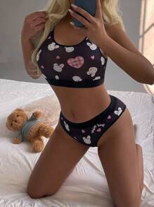 SANRIO 2 件装可爱兔子印花吊带背心 + 松紧腰内裤 - 黑色 - 查看 4